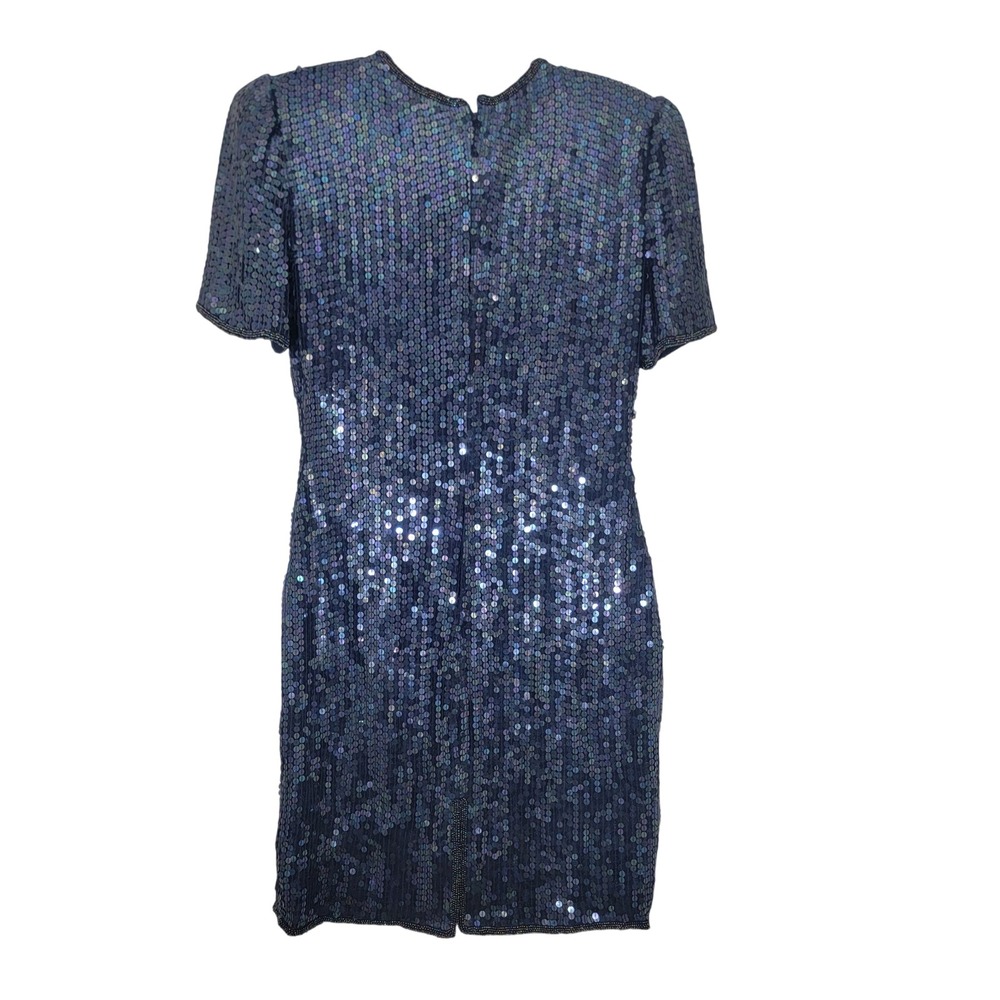 Vintage 100% Silk Blue Iridescent Sequin Beaded Mini Dress Short Sleeve Small - Picture 2 of 15